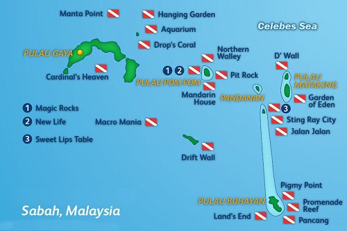 Carte des sites de plongée de Pom Pom Island